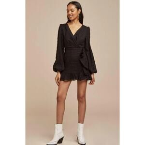 Finders Keepers Sofia Black Textured Wrap Mini Dress Balloon Sleeves